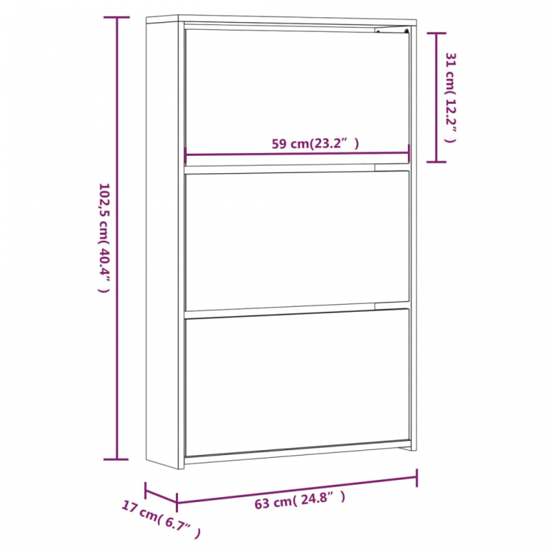 Schuhschrank mit Spiegel 3 Fächer Hochglanz-Weiß 63x17x102,5 cm