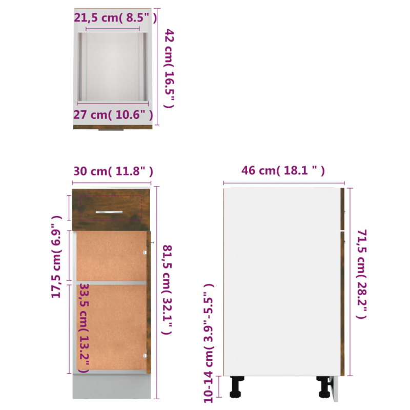Unterschrank mit Schublade Lyon Räuchereiche 30x46x81,5 cm