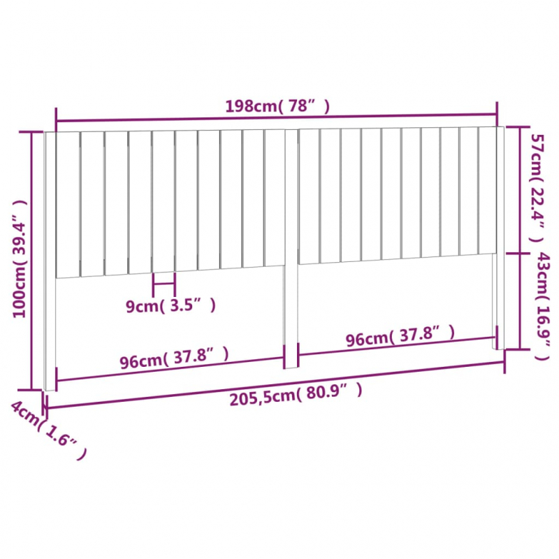 Bett-Kopfteil Grau 205,5x4x100 cm Massivholz Kiefer