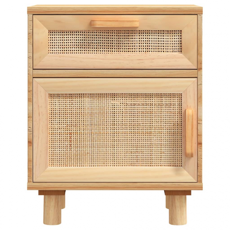 Nachttisch Braun Massivholz Kiefer und Natur-Rattan