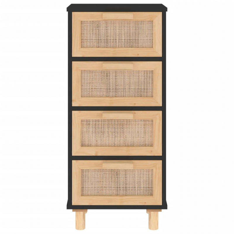 Sideboard Schwarz 40x30x90cm Massivholz Kiefer und Natur-Rattan