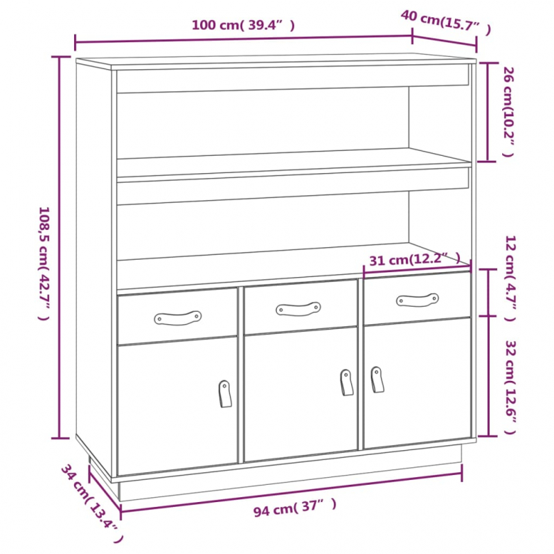 Highboard 100x40x108,5 cm Massivholz Kiefer