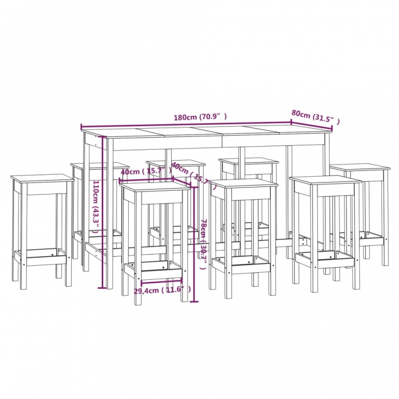 9-tlg. Bar-Set Massivholz Kiefer