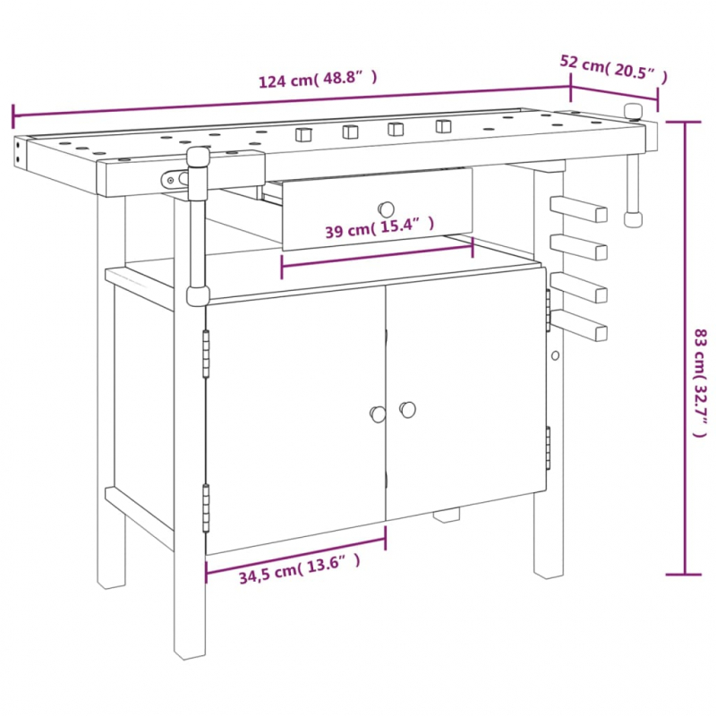 Werkbank mit Schubladen Schraubstöcken 124x52x83 cm Akazienholz