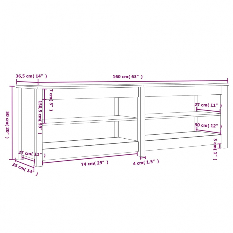 Schuhbank Schwarz 160x36,5x50 cm Massivholz Kiefer