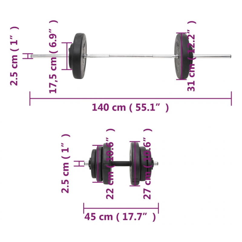 Langhantel und Kurzhantel mit Gewichten 60 kg