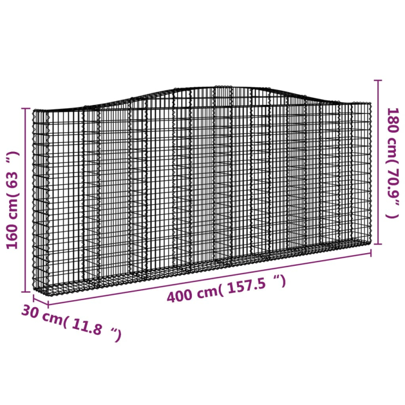 Gabionen mit Hochbogen 2 Stk. 400x30x160/180cm Verzinktes Eisen