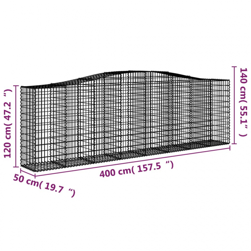 Gabionen mit Hochbogen 3 Stk. 400x50x120/140cm Verzinktes Eisen