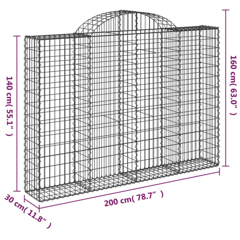 Gabionen mit Hochbogen 14Stk. 200x30x140/160cm Verzinktes Eisen