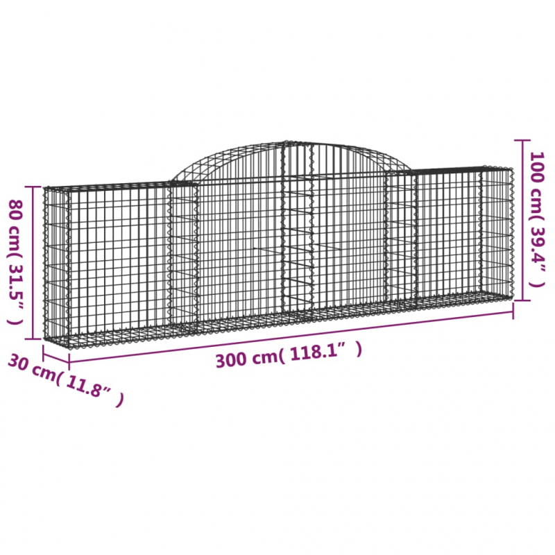 Gabionen mit Hochbogen 3 Stk. 300x30x80/100 cm Verzinktes Eisen