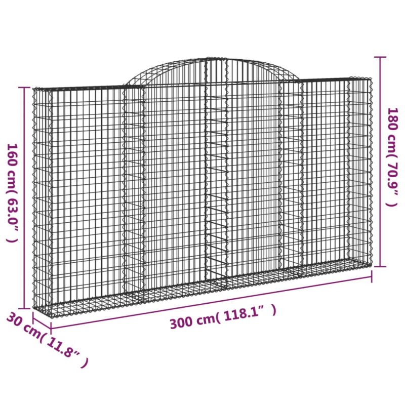 Gabionen mit Hochbogen 3 Stk. 300x30x160/180cm Verzinktes Eisen