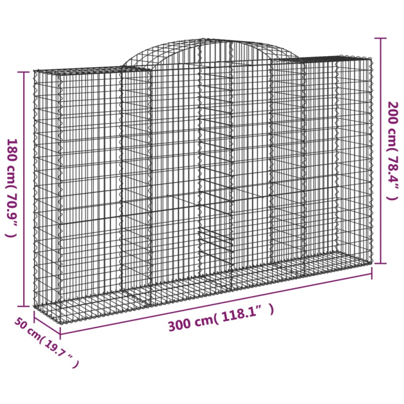 Gabionen mit Hochbogen 3 Stk. 300x50x180/200cm Verzinktes Eisen