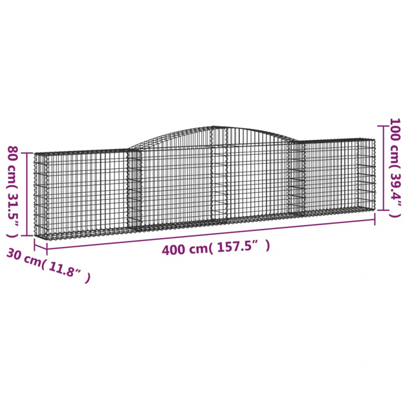 Gabionen mit Hochbogen 25 Stk. 400x30x80/100cm Verzinktes Eisen