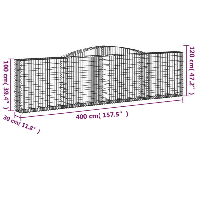 Gabionen mit Hochbogen 2 Stk. 400x30x100/120cm Verzinktes Eisen