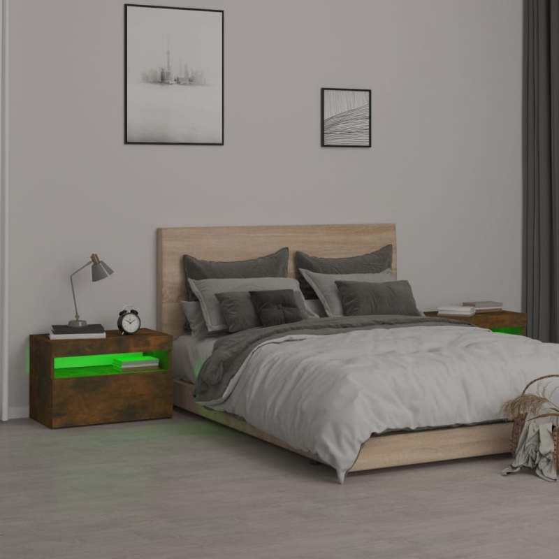 Nachttische 2 Stk. mit LED-Leuchten Räuchereiche 60x35x40 cm