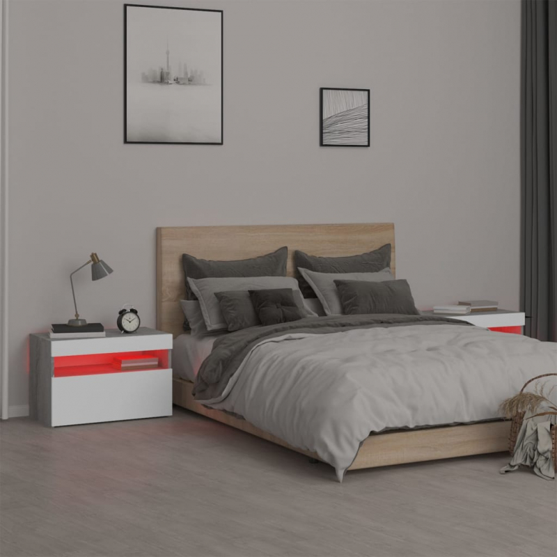 Nachttische 2 Stk. mit LED-Leuchten Grau Sonoma 60x35x40 cm