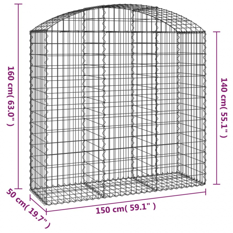 Gabione mit Hochbogen 150x50x140/160 cm Verzinktes Eisen