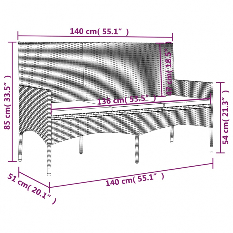 Gartenbank 3-Sitzer mit Kissen Schwarz Poly Rattan