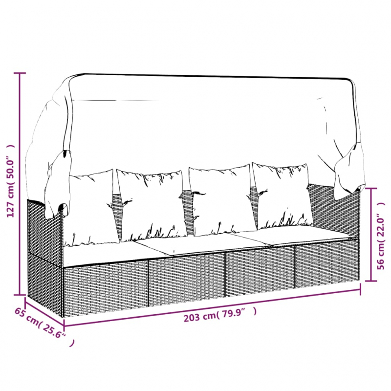 Outdoor-Loungebett mit Dach und Kissen Grau Poly Rattan