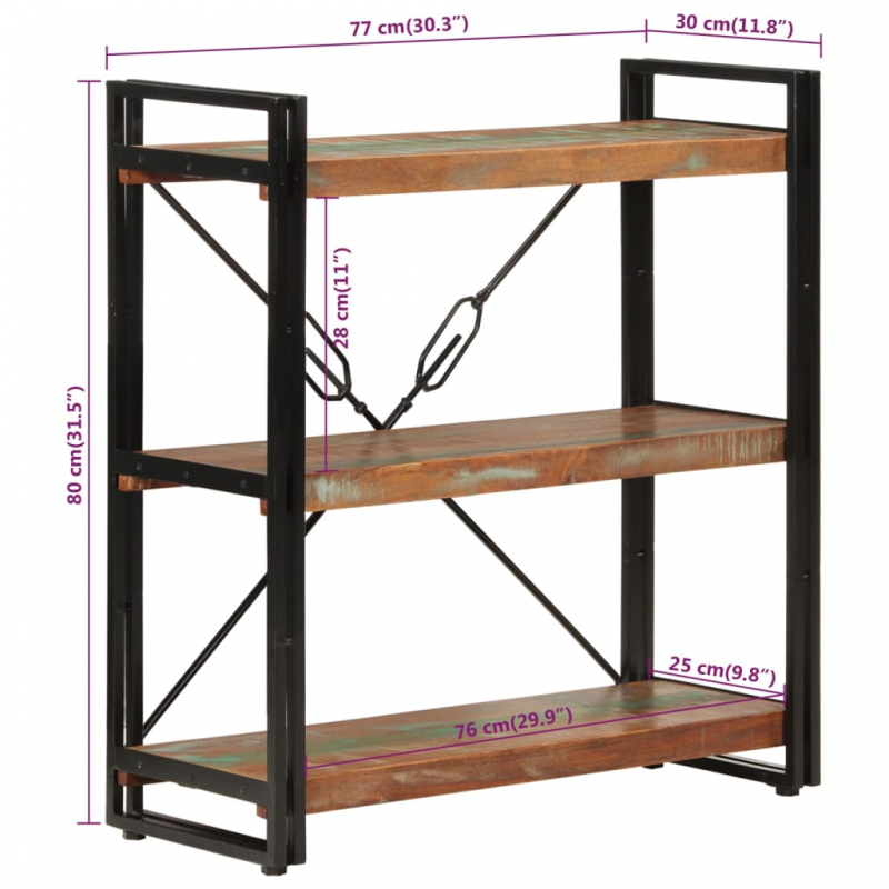 Bücherregal 3 Fächer 77x30x80cm Recyceltes Massivholz und Eisen