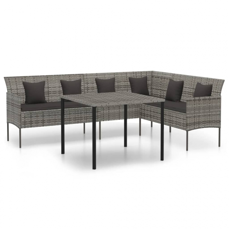 2-tlg. Garten-Essgruppe mit Kissen Grau Poly Rattan