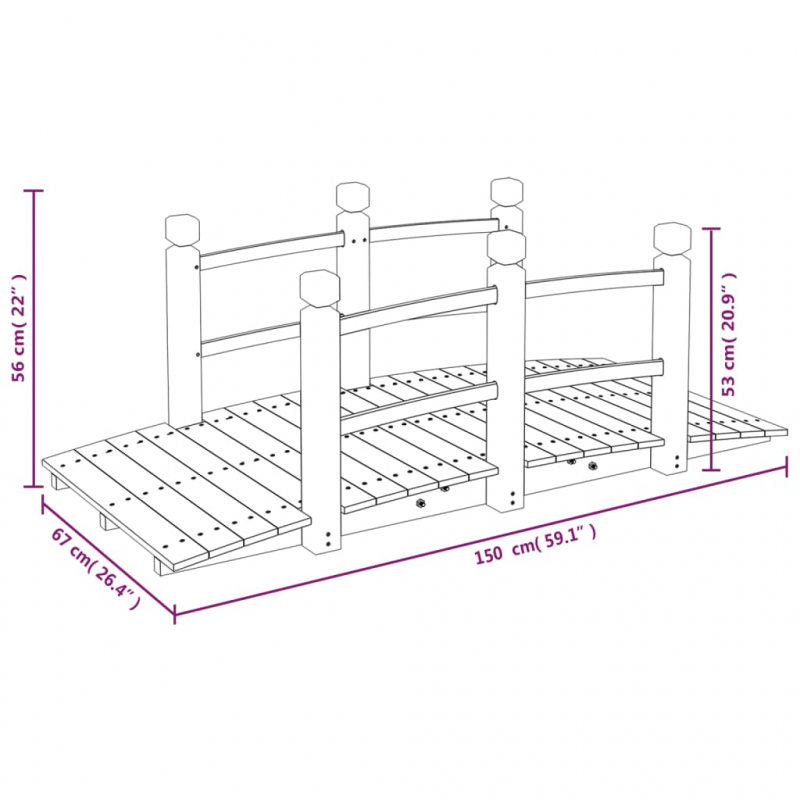 Gartenbrücke mit Geländer 150x67x56 cm Massivholz Fichte