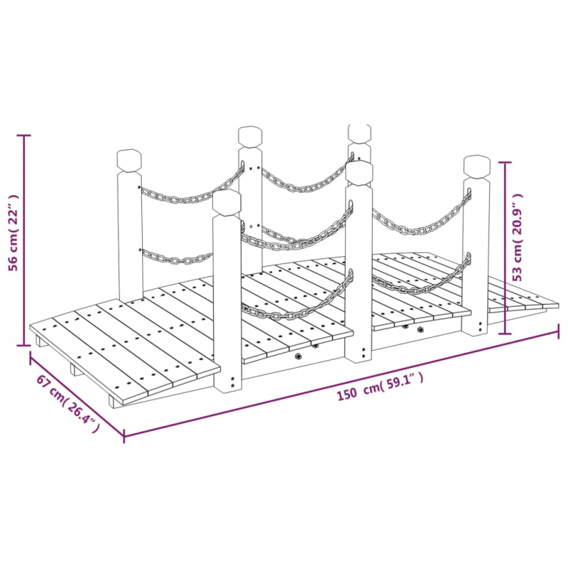 Gartenbrücke mit Kettengeländer 150x67x56 cm Massivholz Fichte