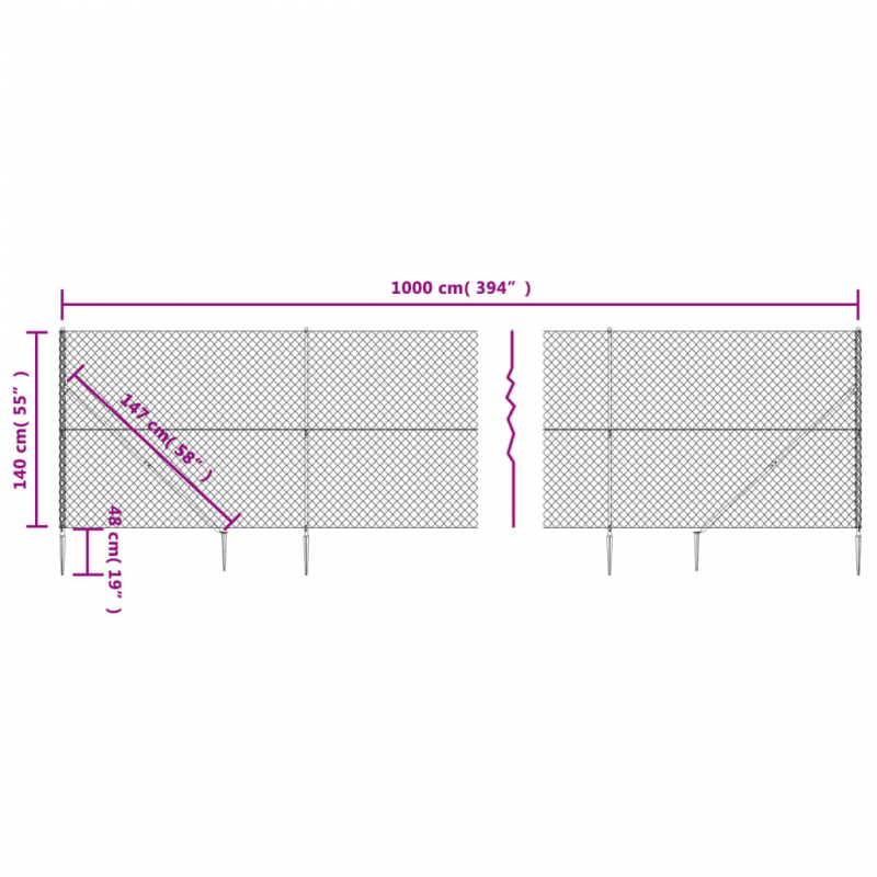 Maschendrahtzaun mit Bodenhülsen Silbern 1,4x10 m