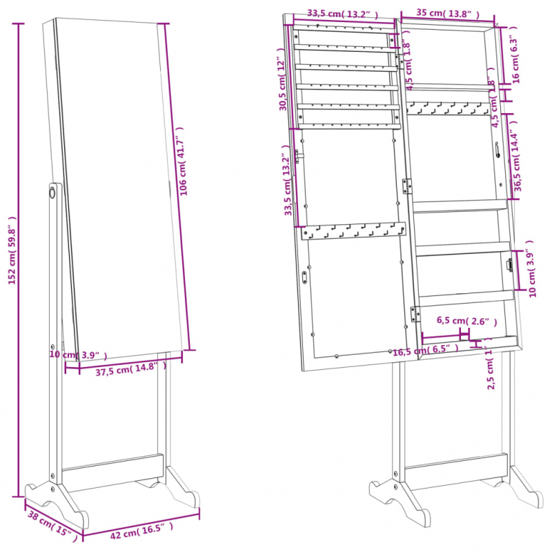 Spiegel-Schmuckschrank Freistehend Schwarz 42x38x152 cm