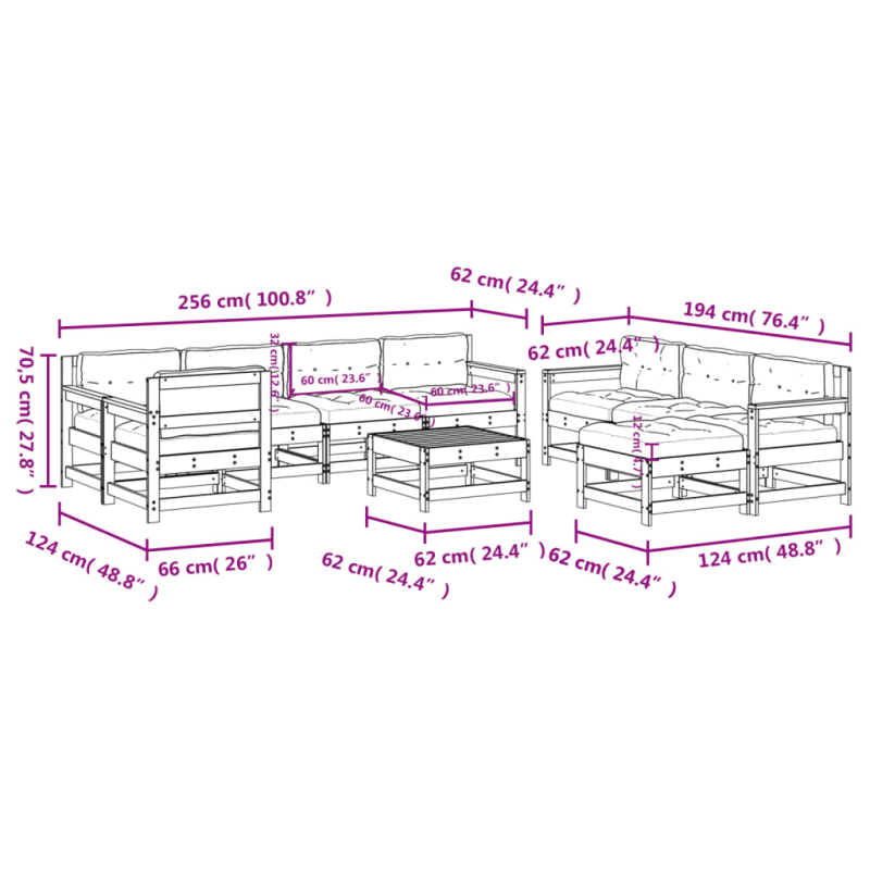 10-tlg. Garten-Lounge-Set mit Kissen Massivholz Douglasie