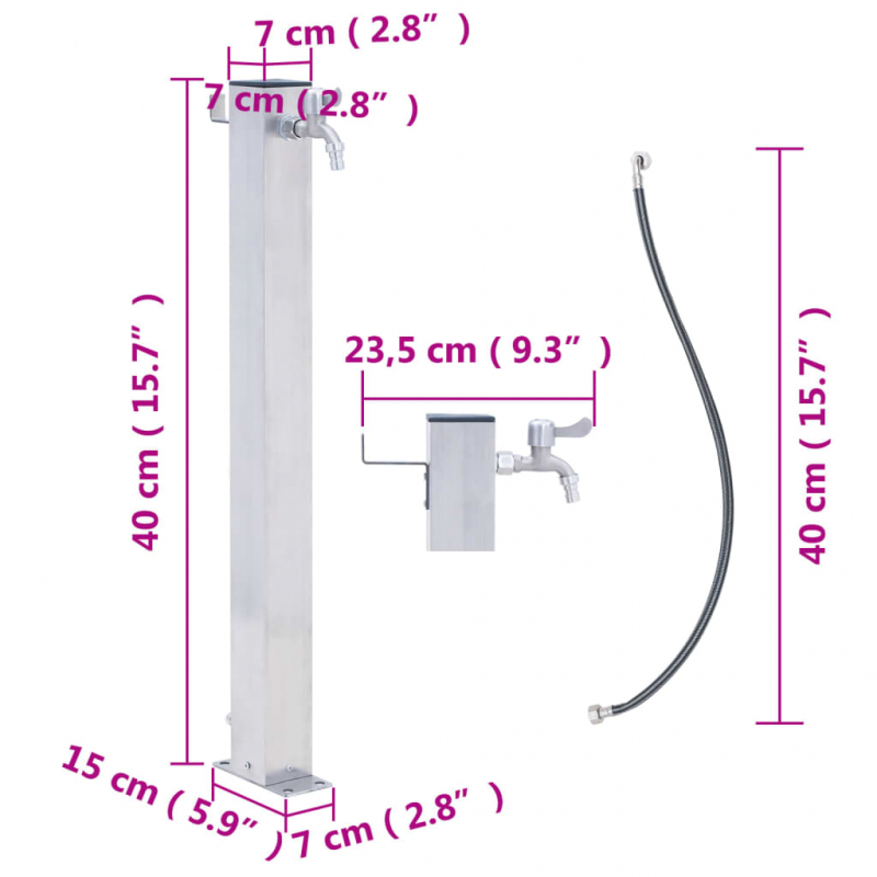 Wassersäule für den Garten 40 cm Edelstahl Quadratisch