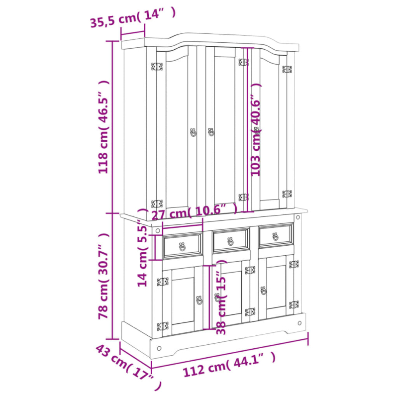 Highboard Corona 112x43x196 cm Massivholz Mexikanische Kiefer