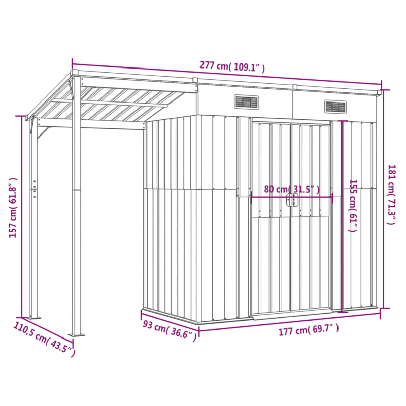 Gartenhaus mit Schleppdach Braun 277x110,5x181 cm Stahl