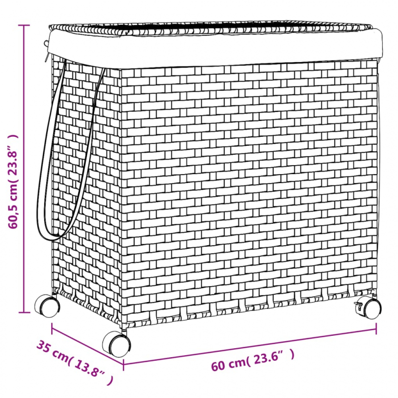 Wäschekorb mit Rollen Schwarz 60x35x60,5 cm Rattan