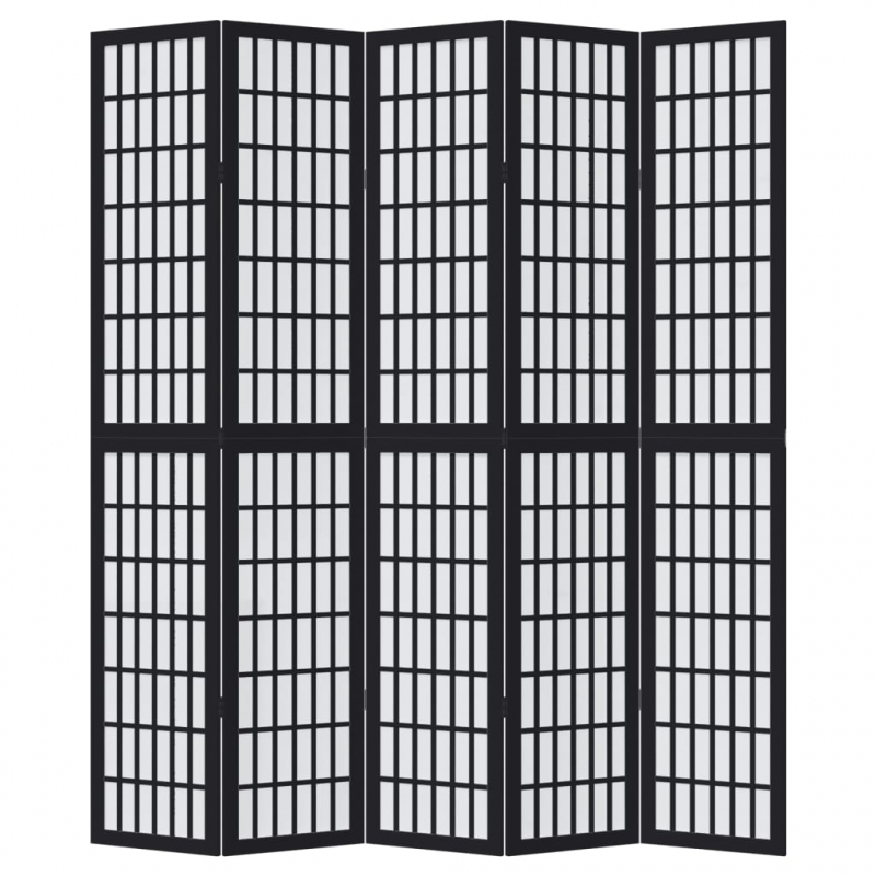 5-tlg. Paravent Schwarz Massivholz Paulownia