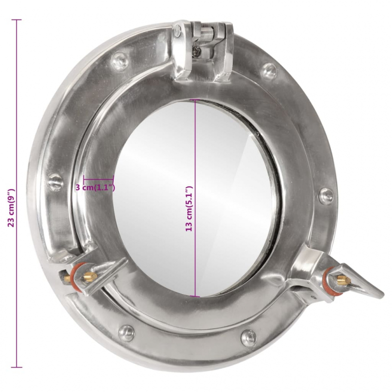 Bullaugen-Spiegel Wandmontage Ø23 cm Aluminium und Glas