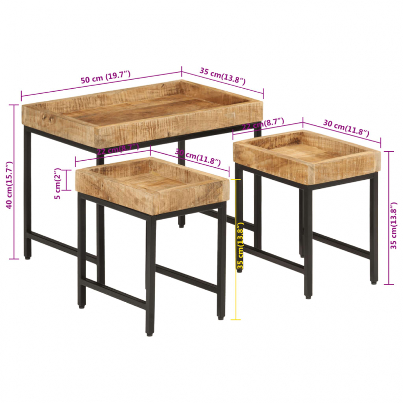 Satztische 3 Stk. Raues Massivholz Mango und Eisen