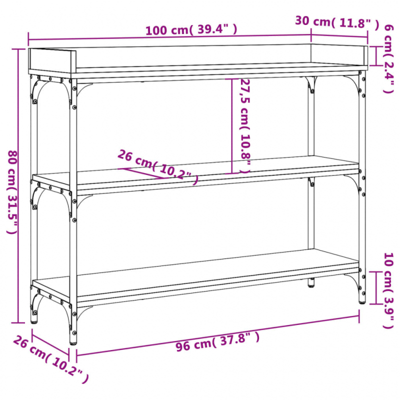 Konsolentisch mit Ablagen Grau Sonoma 100x30x80 cm