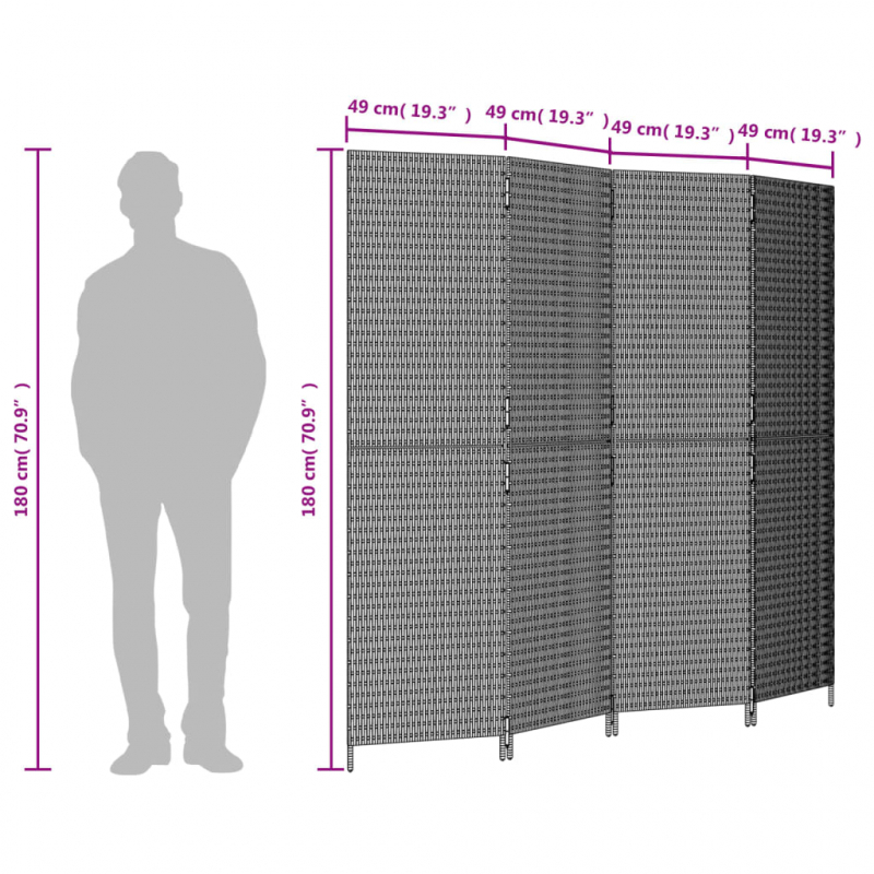 Paravent 4-tlg. Schwarz Poly Rattan