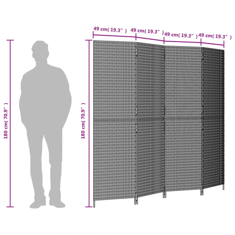 Paravent 4-tlg. Grau Poly Rattan