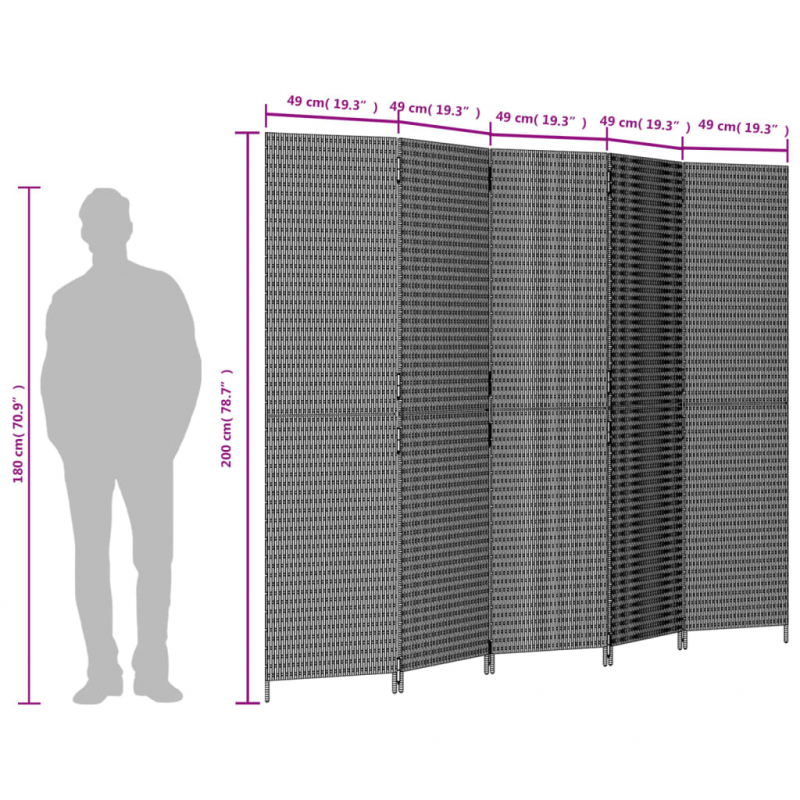 Paravent 5-tlg. Grau Poly Rattan
