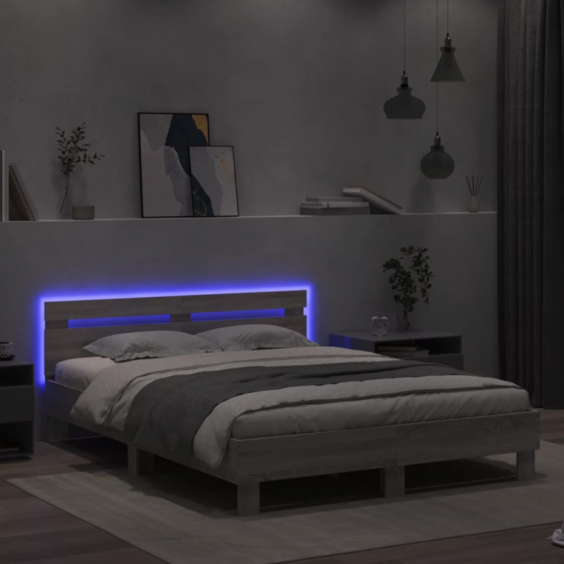 Bettgestell mit Kopfteil LED-Beleuchtung Grau Sonoma 140x200 cm