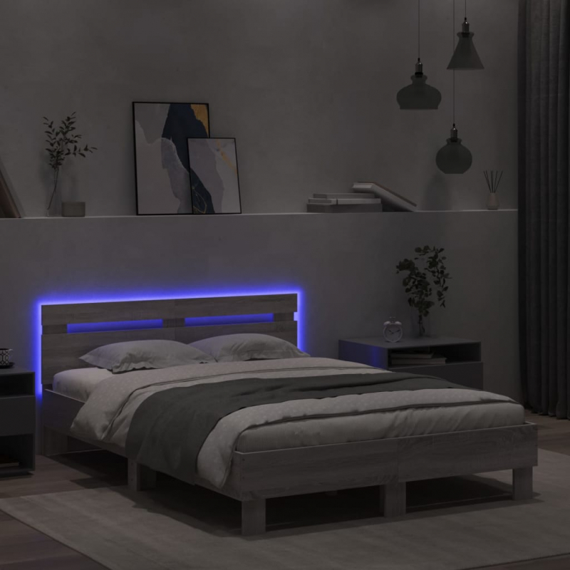 Bettgestell mit Kopfteil LED-Beleuchtung Grau Sonoma 120x200 cm