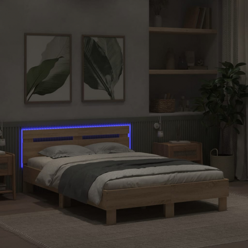 Bettgestell mit Kopfteil LED-Beleuchtung Sonoma-Eiche 135x190cm