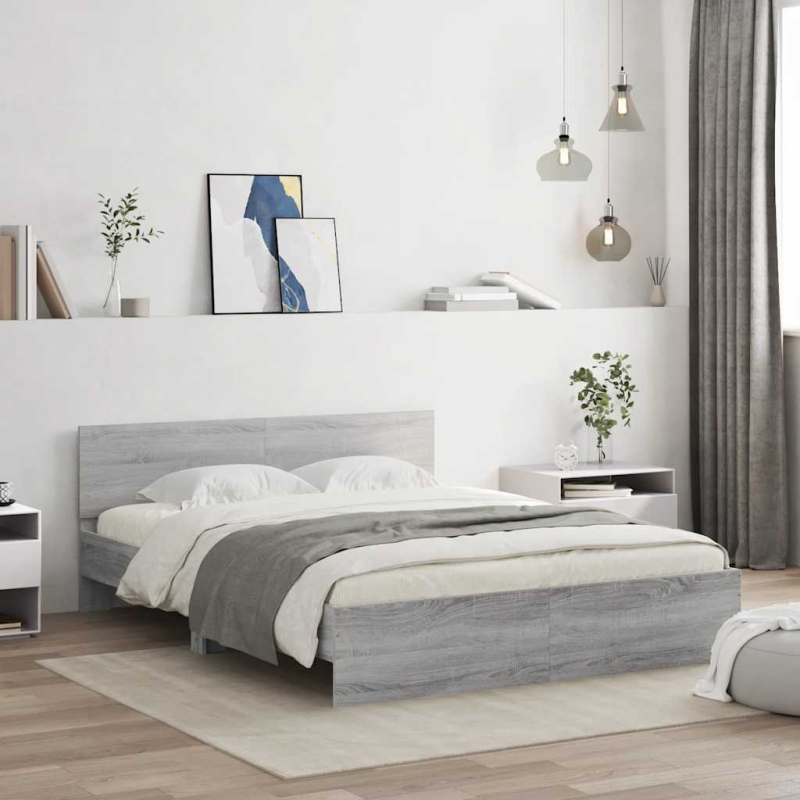 Bettgestell mit Kopfteil LED-Beleuchtung Grau Sonoma 150x200 cm