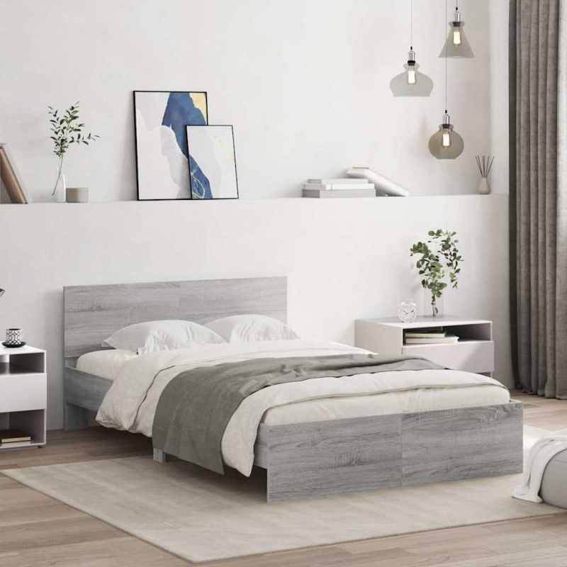 Bettgestell mit Kopfteil LED-Beleuchtung Grau Sonoma 140x200 cm