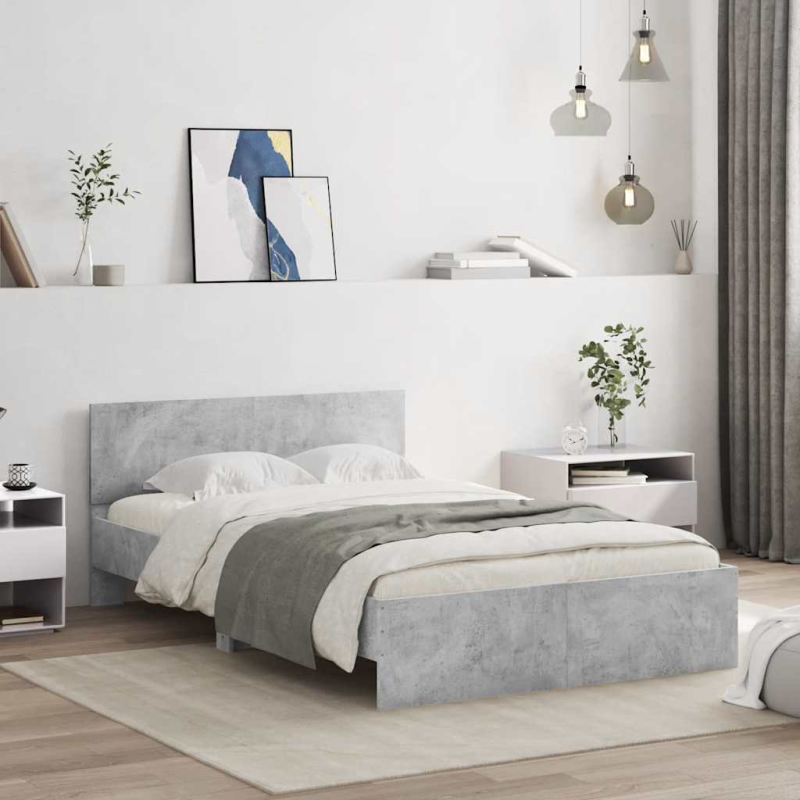 Bettgestell mit Kopfteil LED-Beleuchtung Betongrau 140x190 cm