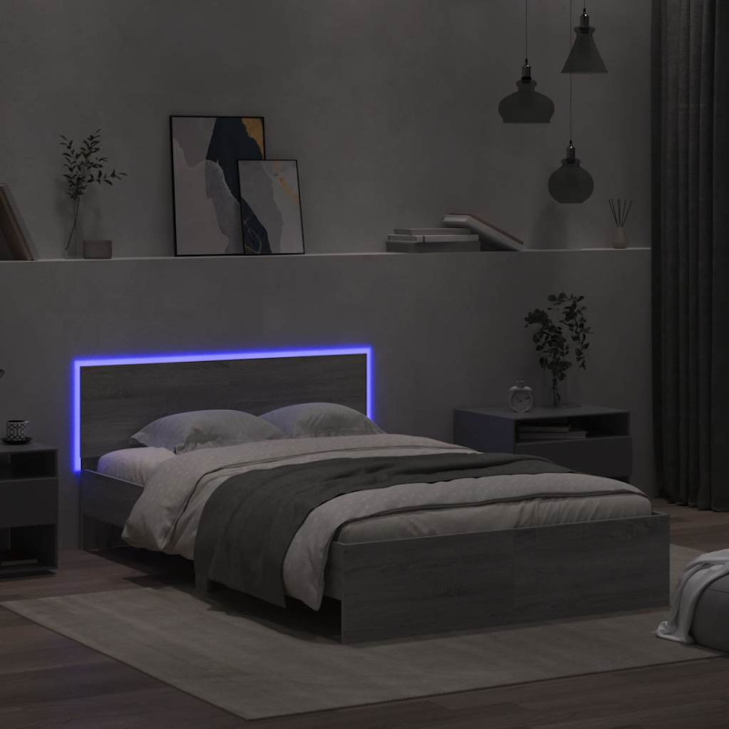 Bettgestell mit Kopfteil LED-Beleuchtung Grau Sonoma 140x190 cm