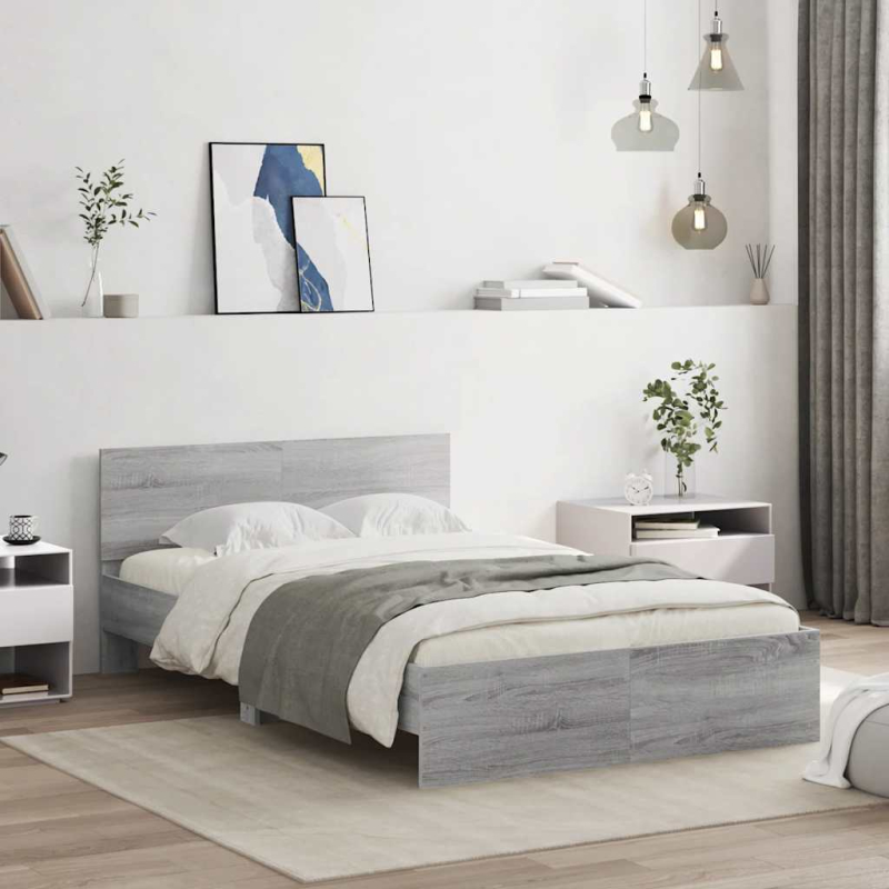 Bettgestell mit Kopfteil LED-Beleuchtung Grau Sonoma 140x190 cm