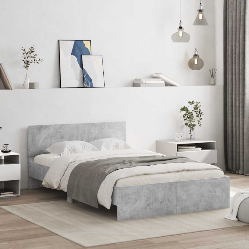 Bettgestell mit Kopfteil LED-Beleuchtung Betongrau 120x190 cm